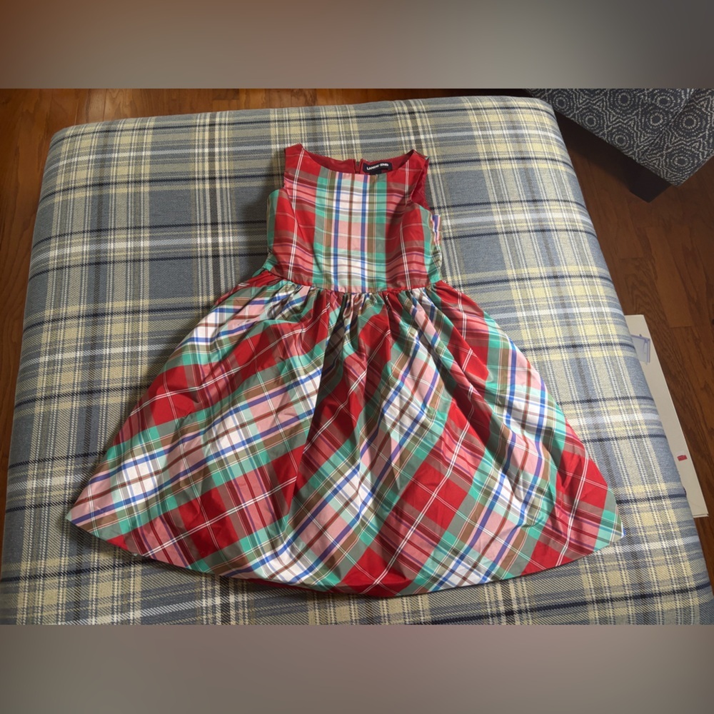 Lands End Girls Red Green Plaid Holiday Taffeta Party Dress Size 7 513751